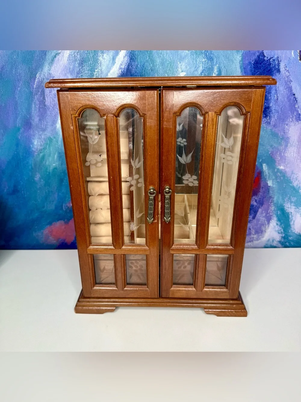 Vintage Wooden Jewelry Box Etched Floral Glass 1980s Armoire Chest Mirror Drawer